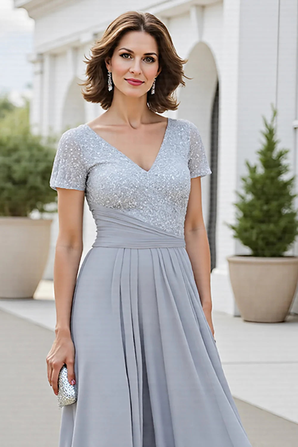 Silver Chiffon V-Neck Long Mother of the Bride Dress with Short Sleeves