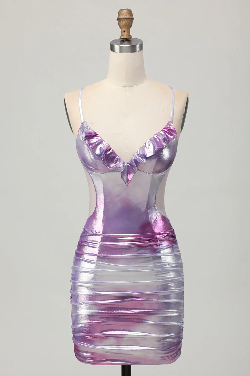 Silver Purple Tight Spaghetti Straps Short Metallic Homecoming Dress