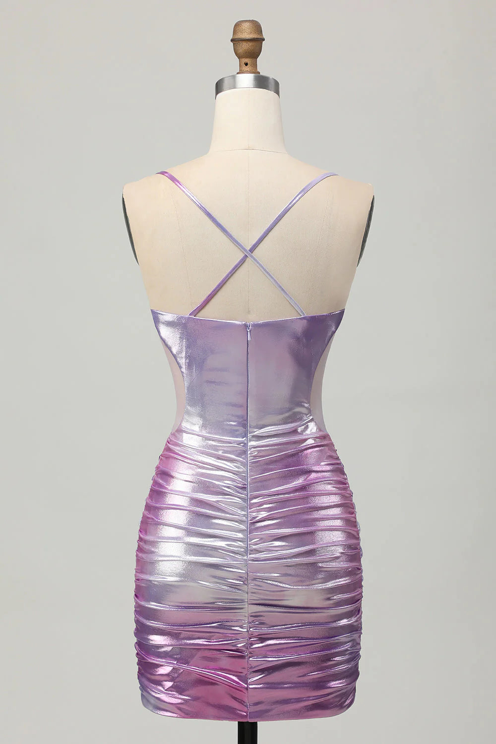 Silver Purple Tight Spaghetti Straps Short Metallic Homecoming Dress