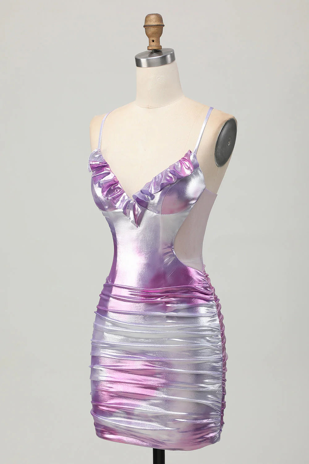 Silver Purple Tight Spaghetti Straps Short Metallic Homecoming Dress