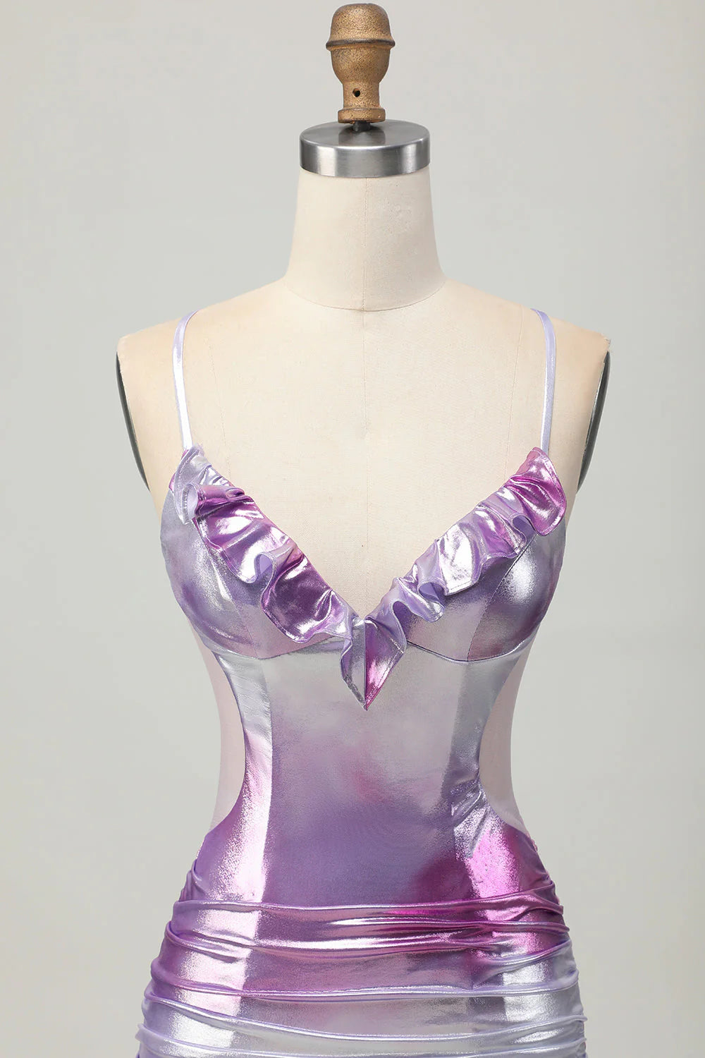 Silver Purple Tight Spaghetti Straps Short Metallic Homecoming Dress