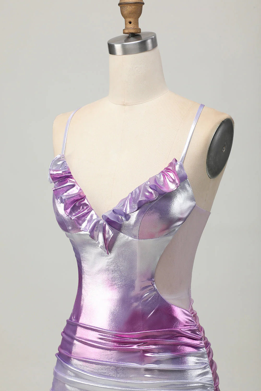 Silver Purple Tight Spaghetti Straps Short Metallic Homecoming Dress