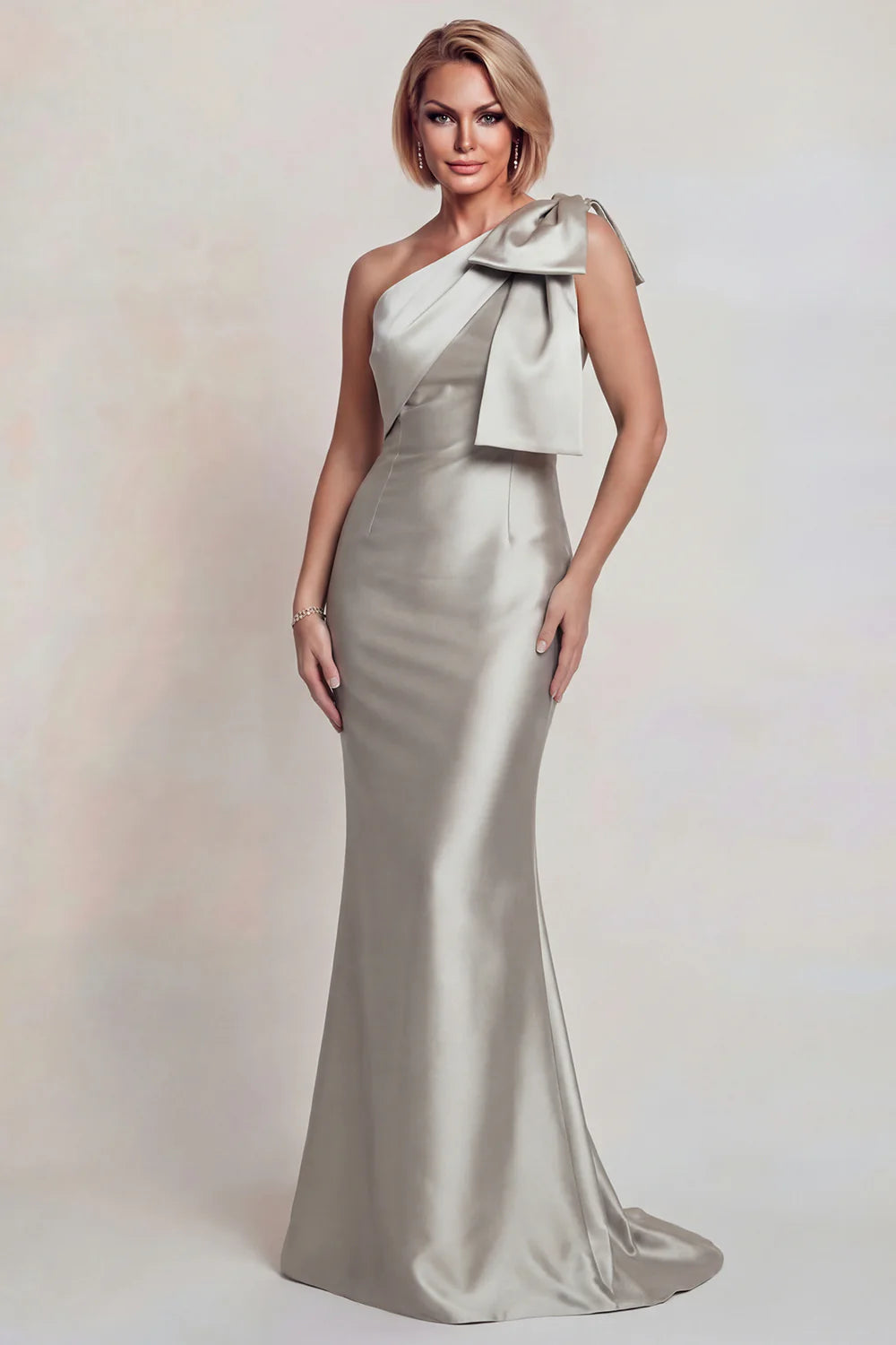 Silver Satin Mermaid One-Shoulder Bow-Detail Floor Length Mother of the Bride Dress