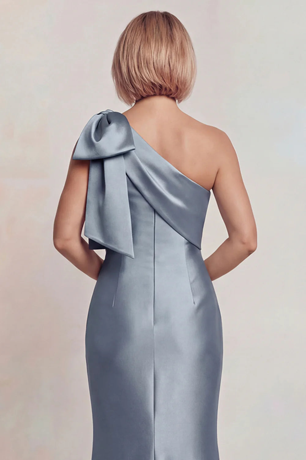 Silver Satin Mermaid One-Shoulder Bow-Detail Floor Length Mother of the Bride Dress