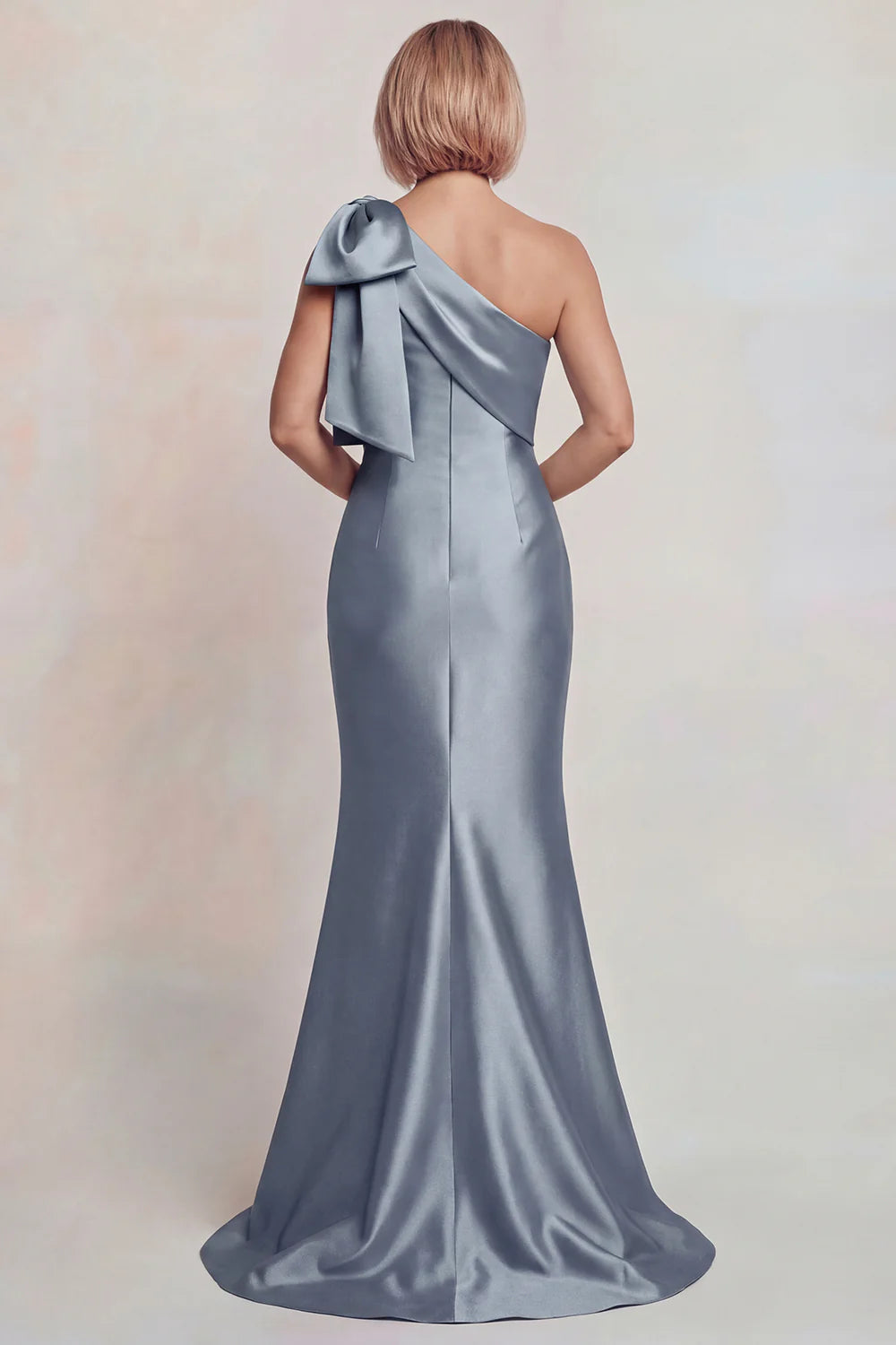 Silver Satin Mermaid One-Shoulder Bow-Detail Floor Length Mother of the Bride Dress