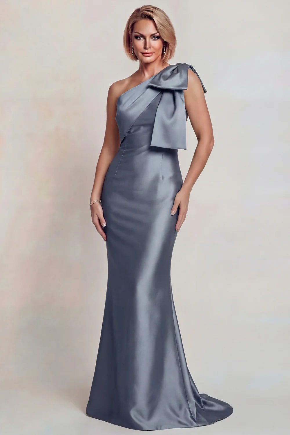 Silver Satin Mermaid One-Shoulder Bow-Detail Floor Length Mother of the Bride Dress