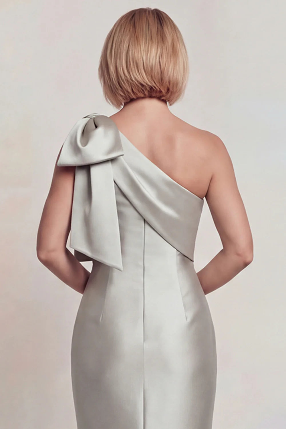 Silver Satin Mermaid One-Shoulder Bow-Detail Floor Length Mother of the Bride Dress