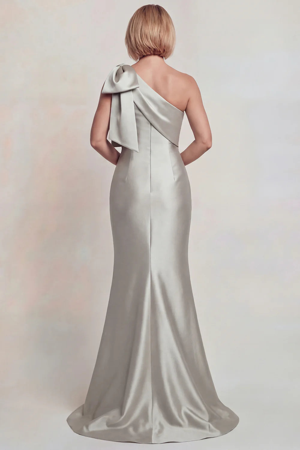 Silver Satin Mermaid One-Shoulder Bow-Detail Floor Length Mother of the Bride Dress