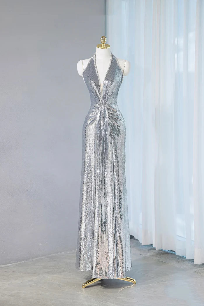 Silver Sequins Long Prom Dress, Shiny V-Neck Evening Party Dress