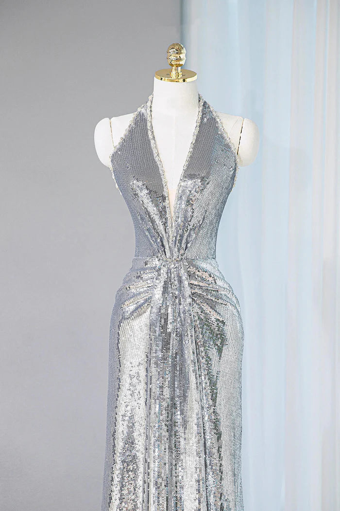 Silver Sequins Long Prom Dress, Shiny V-Neck Evening Party Dress