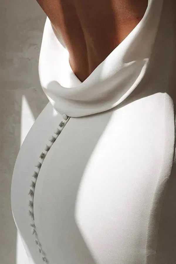 Simple Mermaid V-Neck Elastic White Satin Long Wedding Dress