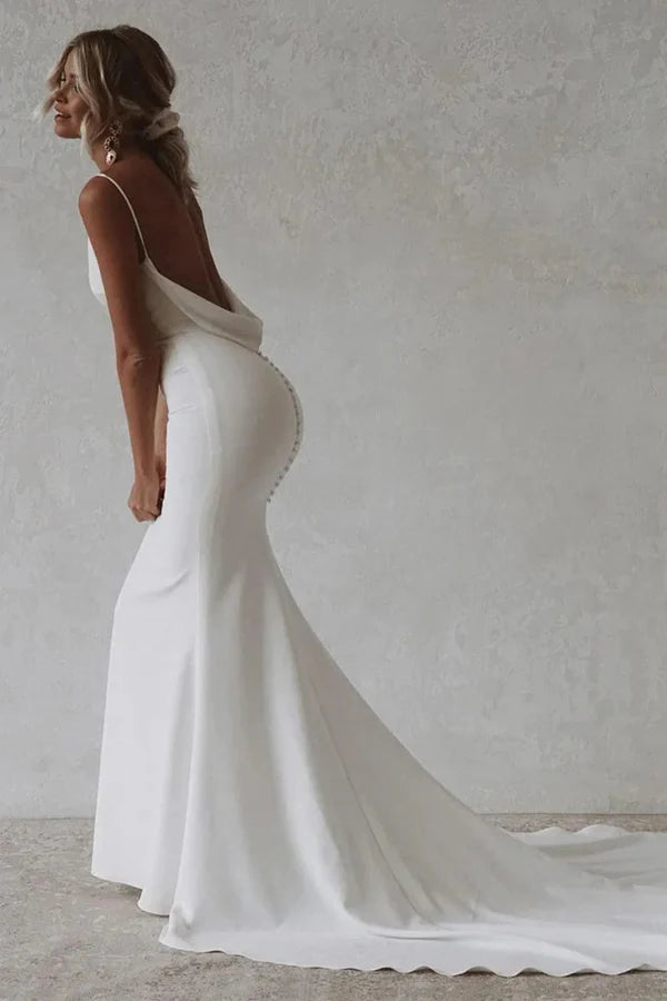 Simple Mermaid V-Neck Elastic White Satin Long Wedding Dress