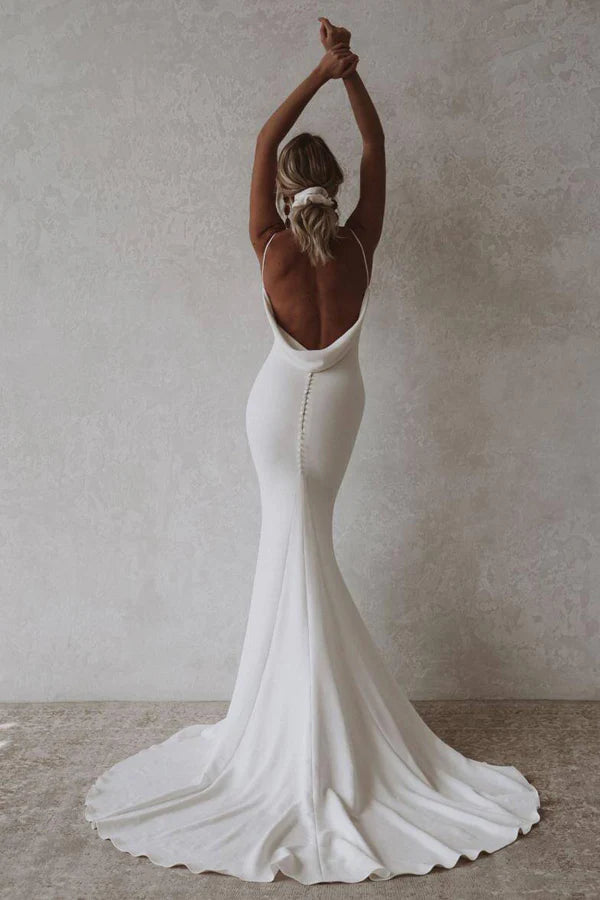Simple Mermaid V-Neck Elastic White Satin Long Wedding Dress