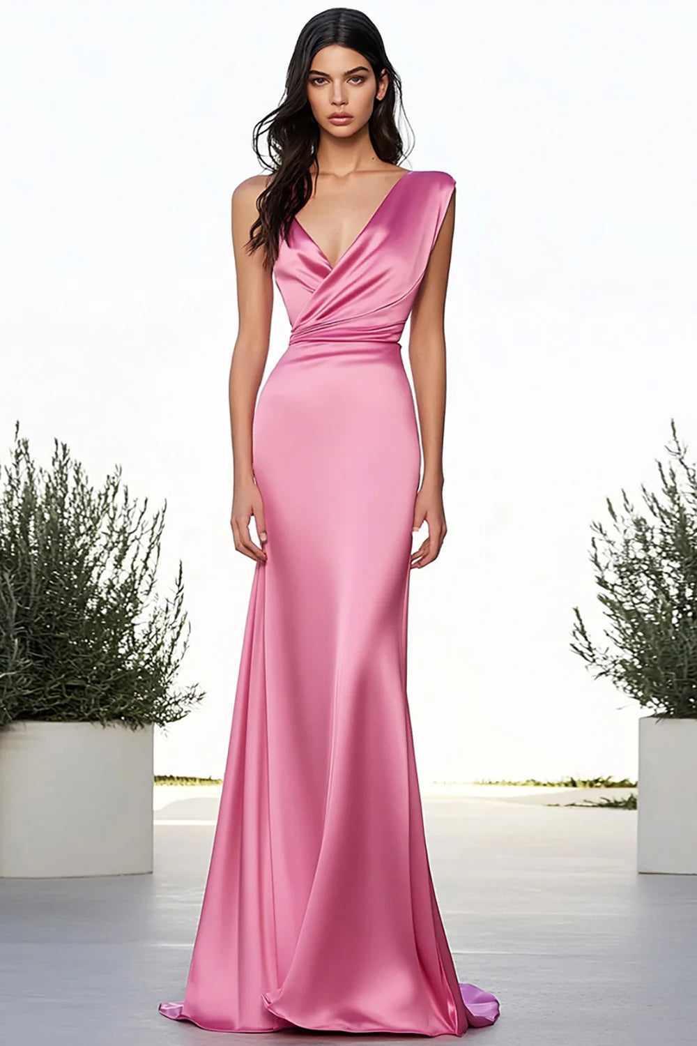 Simple Pink V-Neck Sheath Long Satin Formal Dress