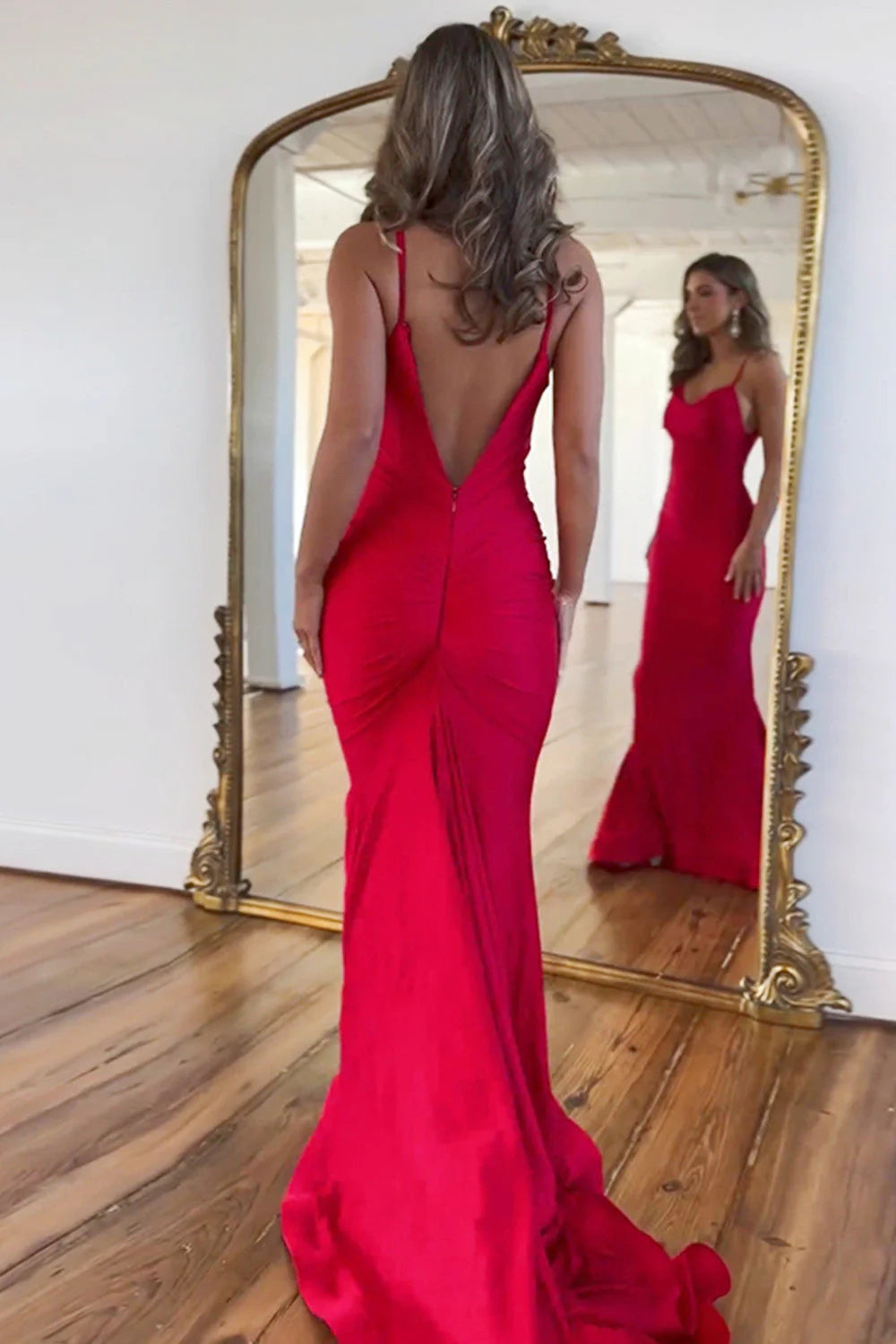 Simple Satin Red Mermaid Spaghetti Straps Long Prom Dress