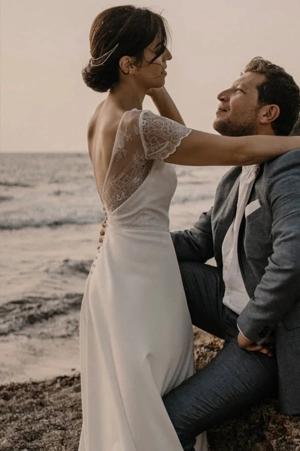 Simple Romantic A-line Modest Wedding Dress Beach Wedding Dress