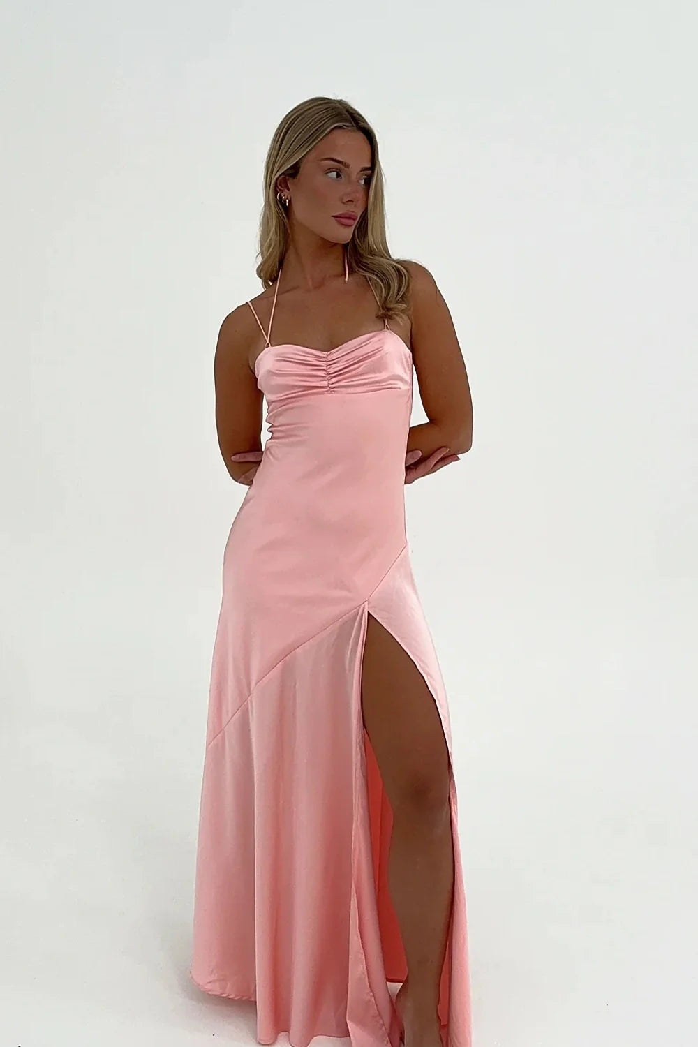 Simple Sheath Spaghetti Straps Pink Long Party Dress with Split Front