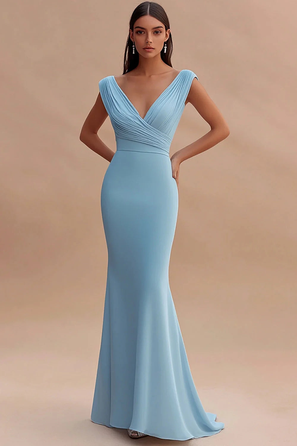 Simple Sky Blue V Neck Mermaid Long Formal Dress