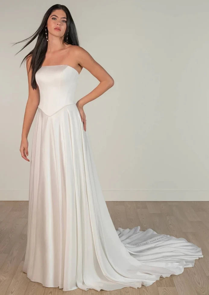 Simple Beach Satin A-Line Strapless Sleeveless Lace-Up Back Floor-Length Chapel Train Wedding Dresses