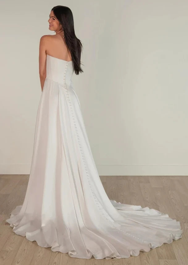 Simple Beach Satin A-Line Strapless Sleeveless Lace-Up Back Floor-Length Chapel Train Wedding Dresses
