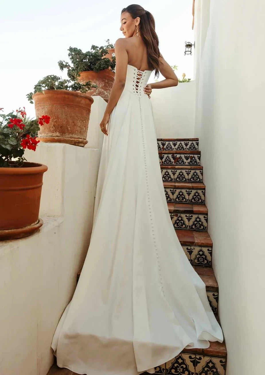Simple Beach Satin A-Line Strapless Sleeveless Lace-Up Back Floor-Length Chapel Train Wedding Dresses