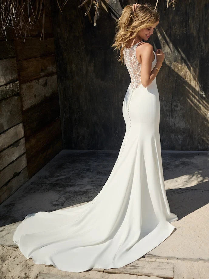 Simple Beach Satin Sheath Halter Sleeveless Illusion Lace Button Back Floor-Length Wedding Dresses