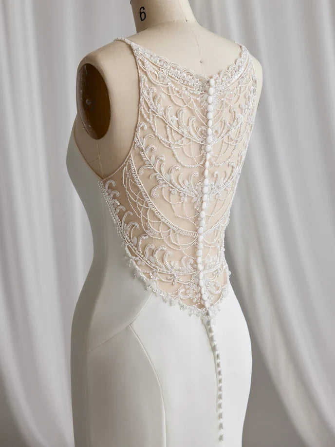 Simple Beach Satin Sheath Halter Sleeveless Illusion Lace Button Back Floor-Length Wedding Dresses