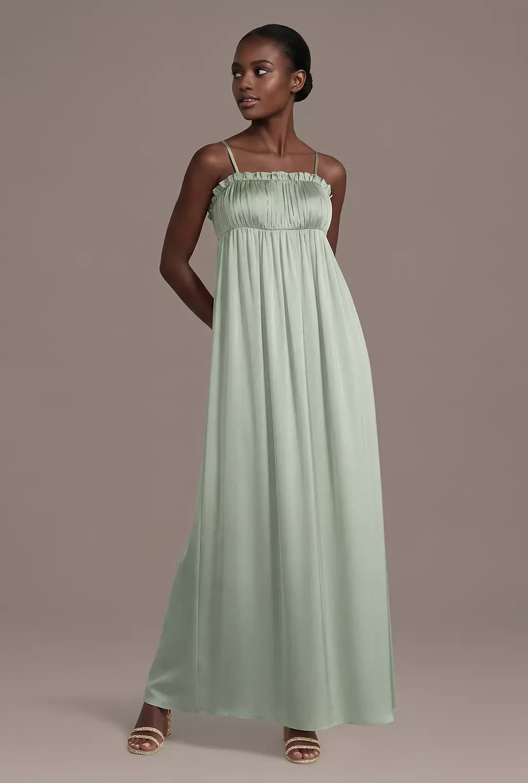 Simple Chiffon A-Line Ruffled Straight Neck Open Tie Back Floor-Length Prom Dresses