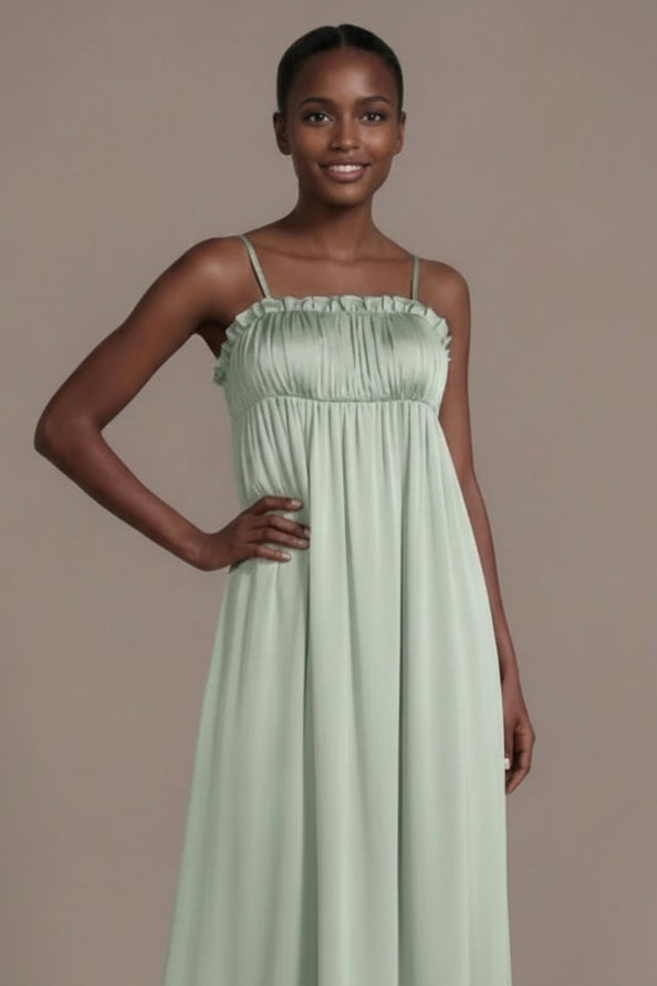 Simple Chiffon A-Line Ruffled Straight Neck Open Tie Back Floor-Length Prom Dresses