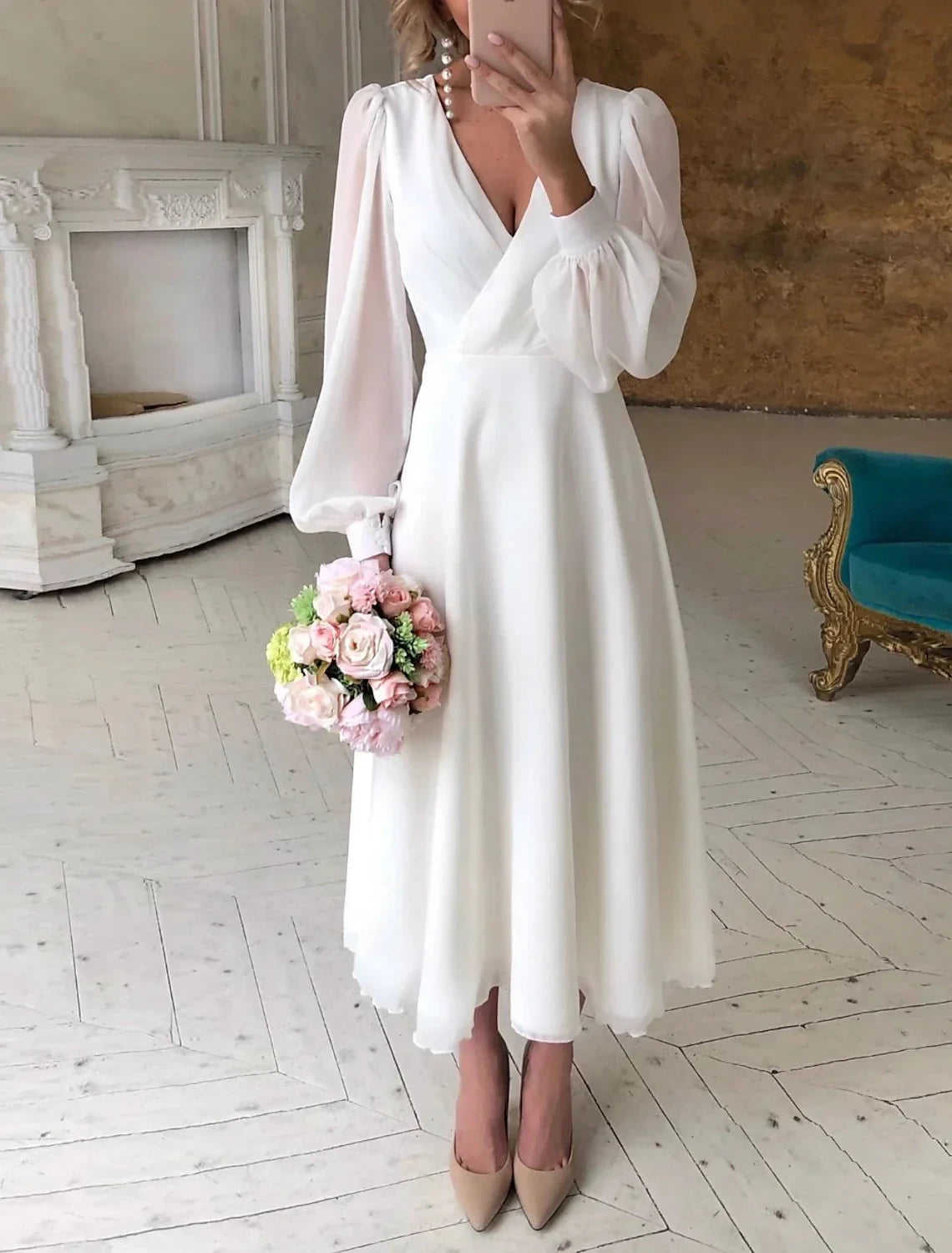 Simple Chiffon A-Line V-Neck Long Puff Sleeves Closed Back Midi Wedding Dresses