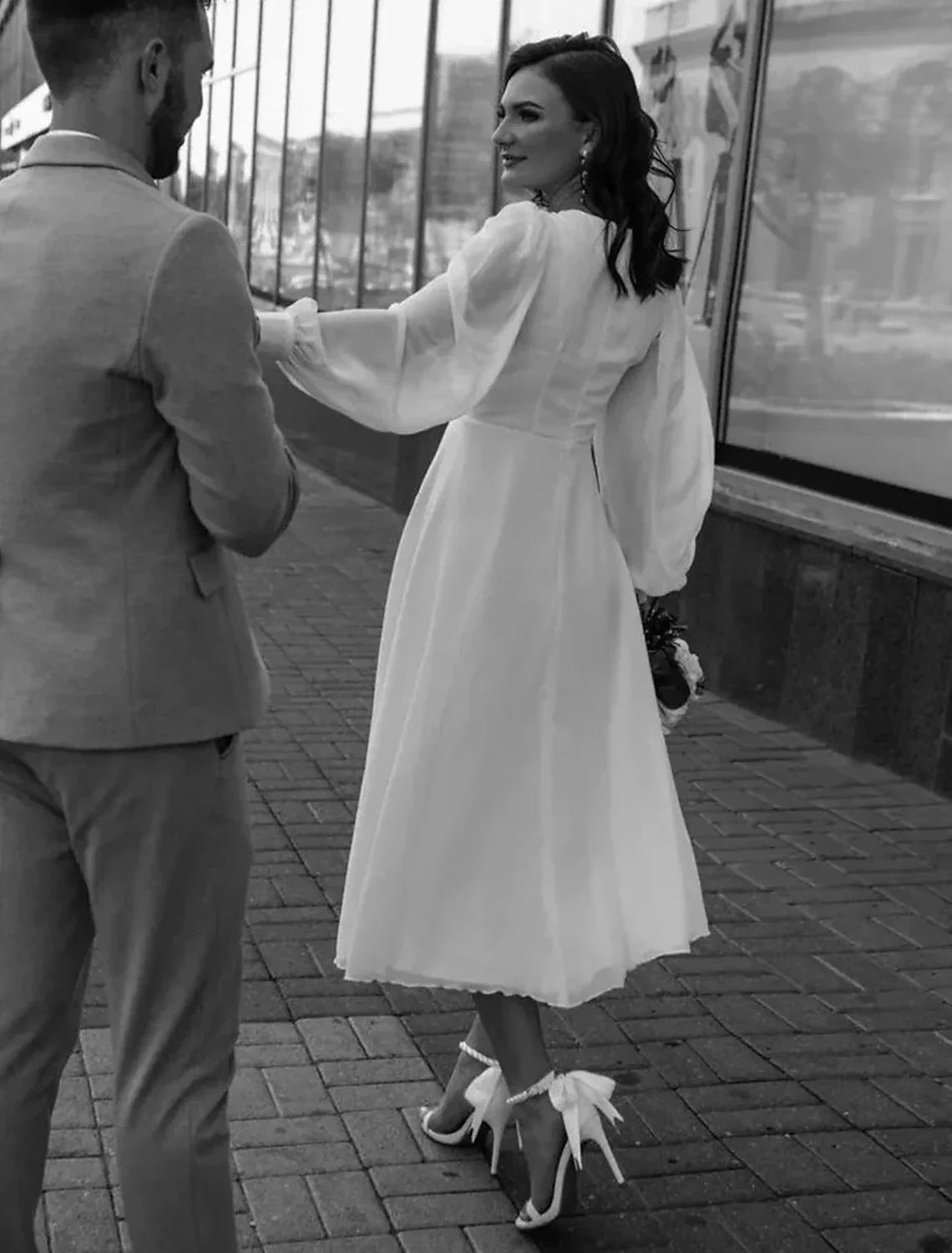 Simple Chiffon A-Line V-Neck Long Puff Sleeves Closed Back Midi Wedding Dresses