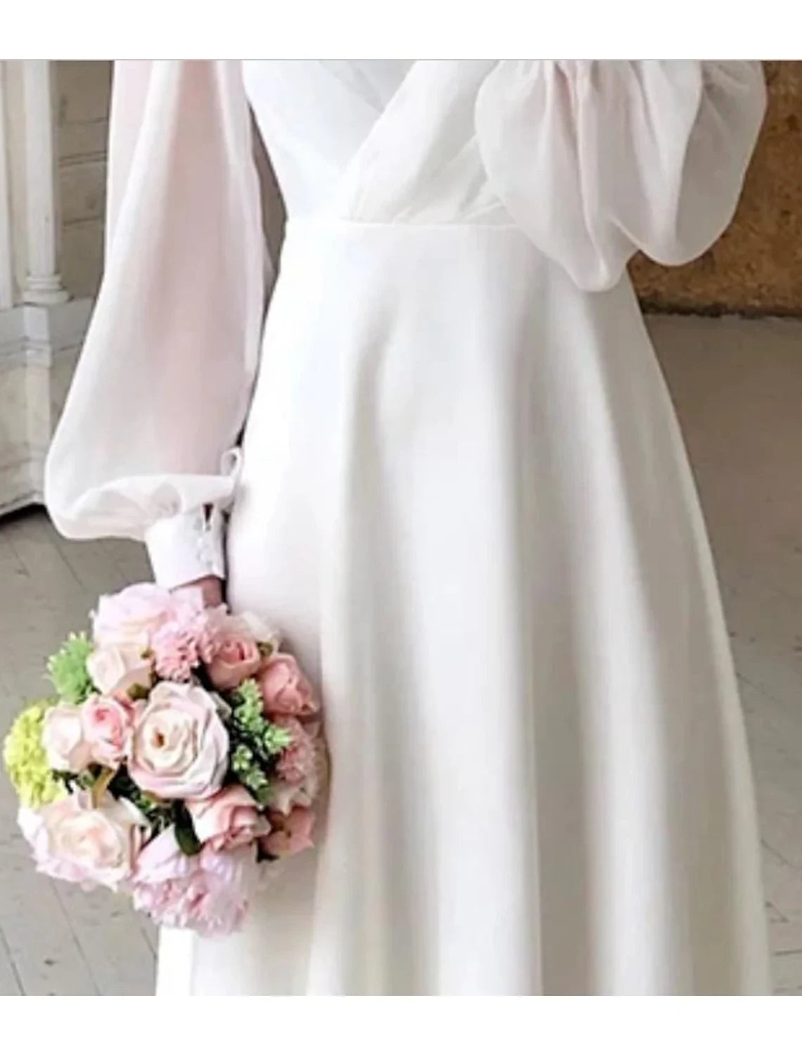 Simple Chiffon A-Line V-Neck Long Puff Sleeves Closed Back Midi Wedding Dresses