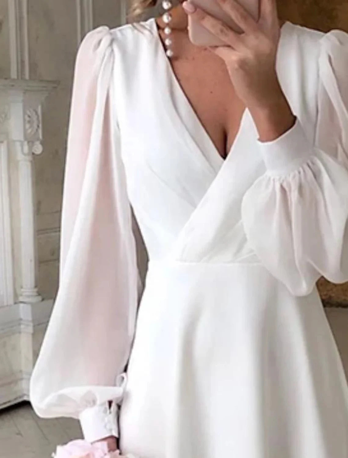 Simple Chiffon A-Line V-Neck Long Puff Sleeves Closed Back Midi Wedding Dresses