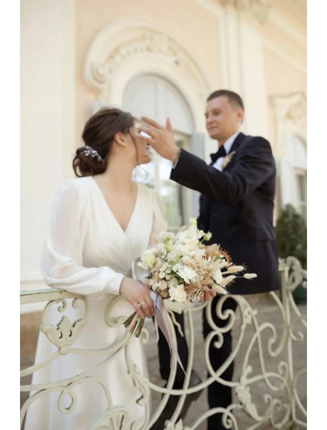Simple Chiffon A-Line V-Neck Long Puff Sleeves Closed Back Midi Wedding Dresses
