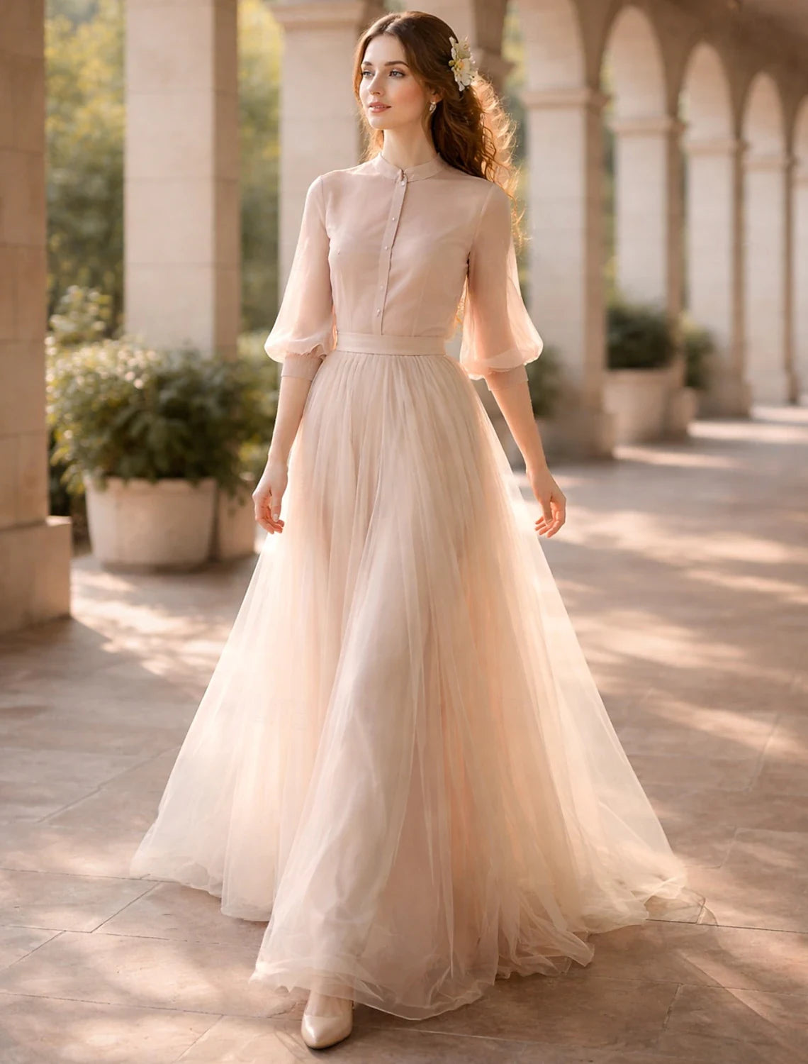 Simple Chiffon A-Line With Sleeves Mandarin Collar Puffy Long Sleeves Covered Back Floor-Length Prom Dresses