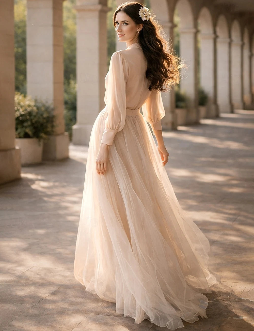 Simple Chiffon A-Line With Sleeves Mandarin Collar Puffy Long Sleeves Covered Back Floor-Length Prom Dresses