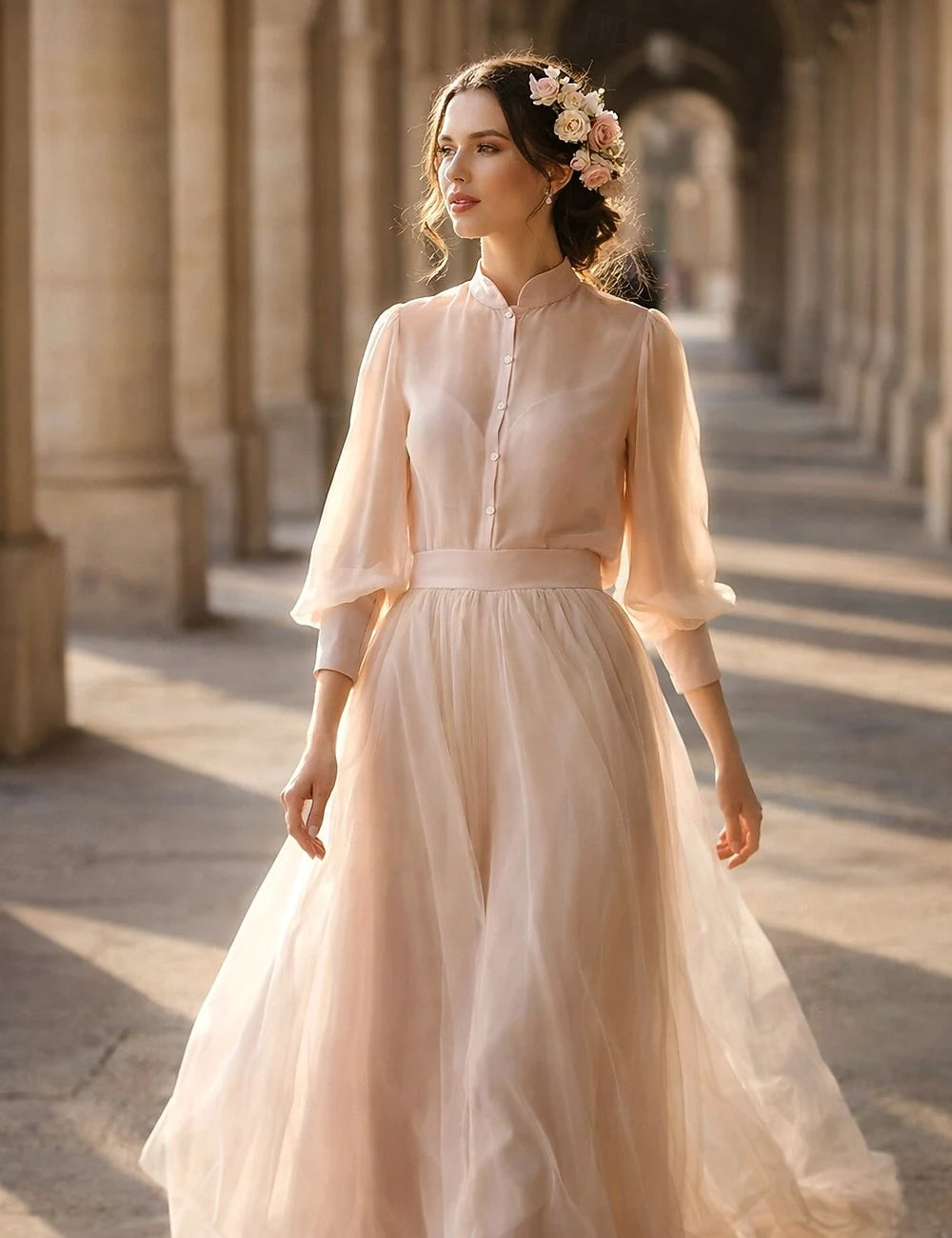 Simple Chiffon A-Line With Sleeves Mandarin Collar Puffy Long Sleeves Covered Back Floor-Length Prom Dresses
