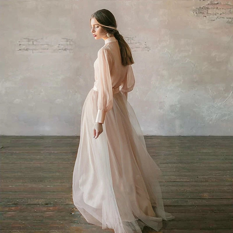 Simple Chiffon A-Line With Sleeves Mandarin Collar Puffy Long Sleeves Covered Back Floor-Length Prom Dresses
