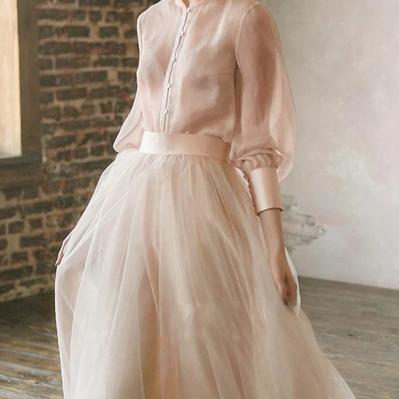 Simple Chiffon A-Line With Sleeves Mandarin Collar Puffy Long Sleeves Covered Back Floor-Length Prom Dresses