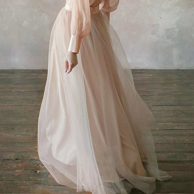Simple Chiffon A-Line With Sleeves Mandarin Collar Puffy Long Sleeves Covered Back Floor-Length Prom Dresses