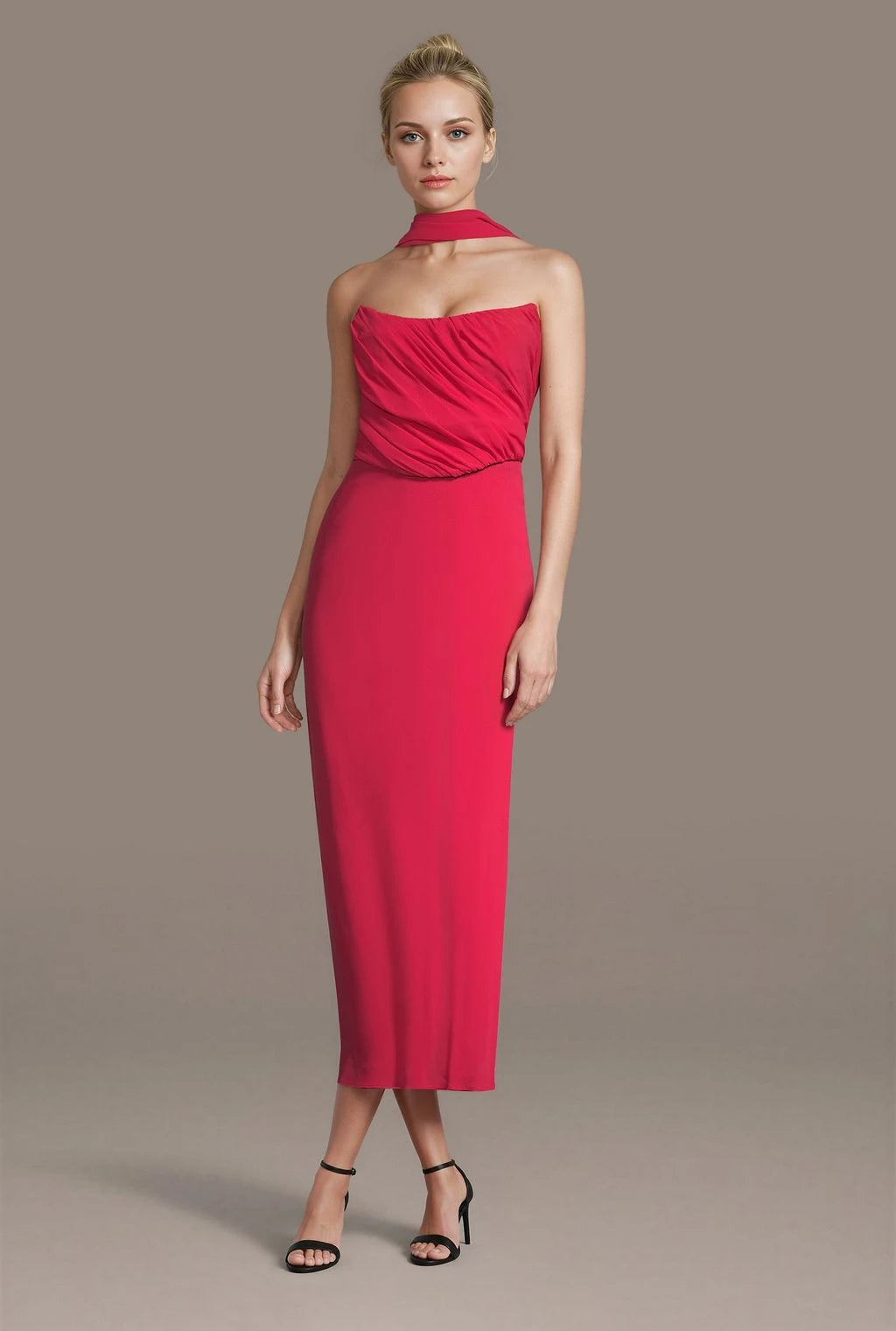 Simple Chiffon Sheath Strapless Choker Neck Sleeveless Straight Back Midi Prom Dresses