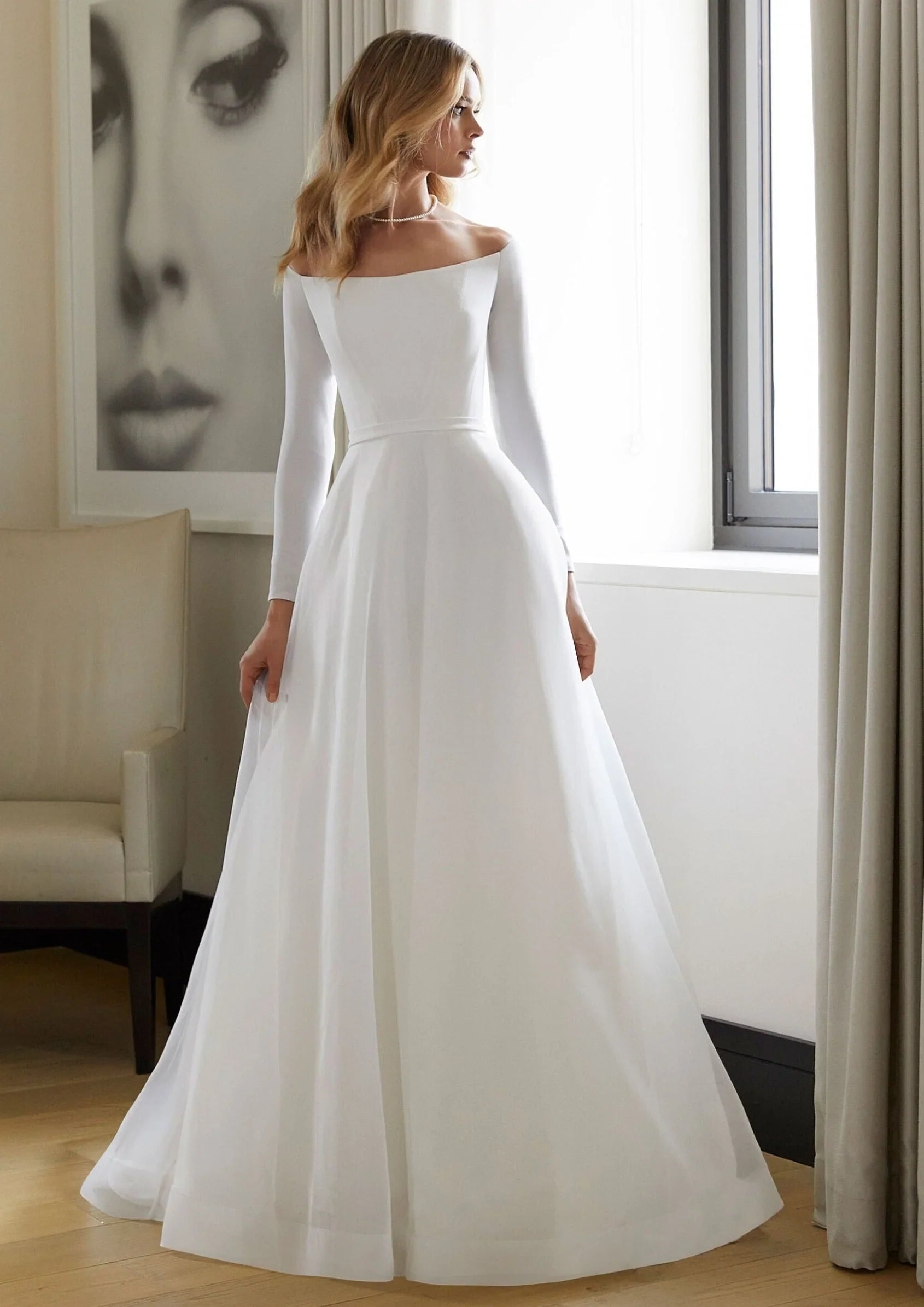 Simple Satin A-Line Off-the-Shoulder Long Sleeve Button Back Floor-Length Chapel Train Wedding Dresses