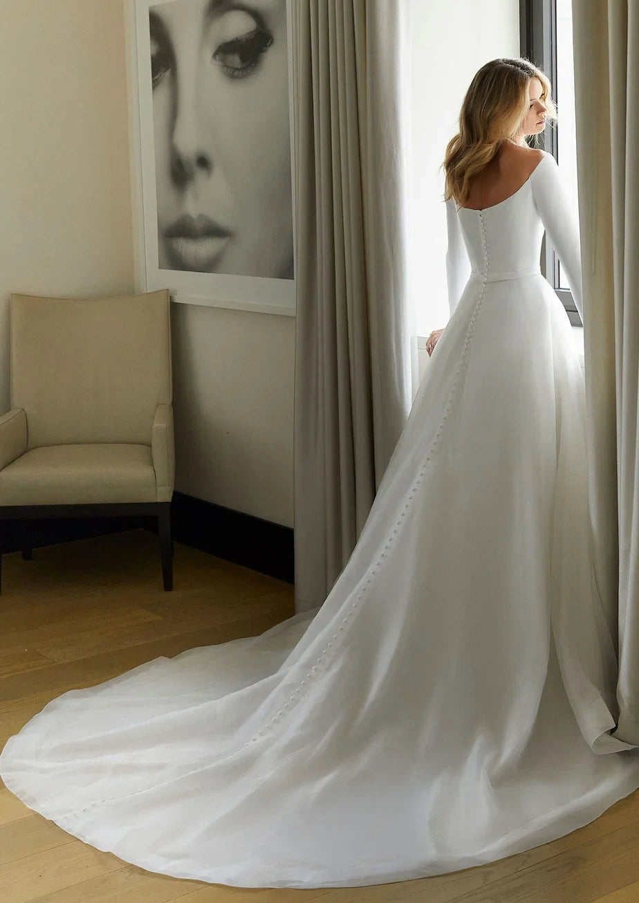 Simple Satin A-Line Off-the-Shoulder Long Sleeve Button Back Floor-Length Chapel Train Wedding Dresses