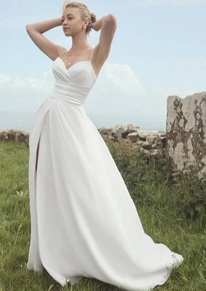 Simple Satin A-Line Sweetheart Spaghetti Straps Open Back Floor-Length Wedding Dresses with Chapel Train