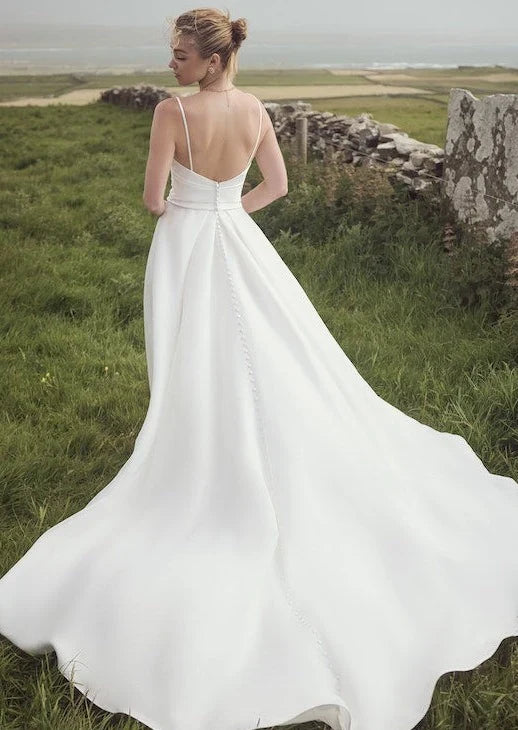 Simple Satin A-Line Sweetheart Spaghetti Straps Open Back Floor-Length Wedding Dresses with Chapel Train