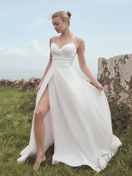 Simple Satin A-Line Sweetheart Spaghetti Straps Open Back Floor-Length Wedding Dresses with Chapel Train