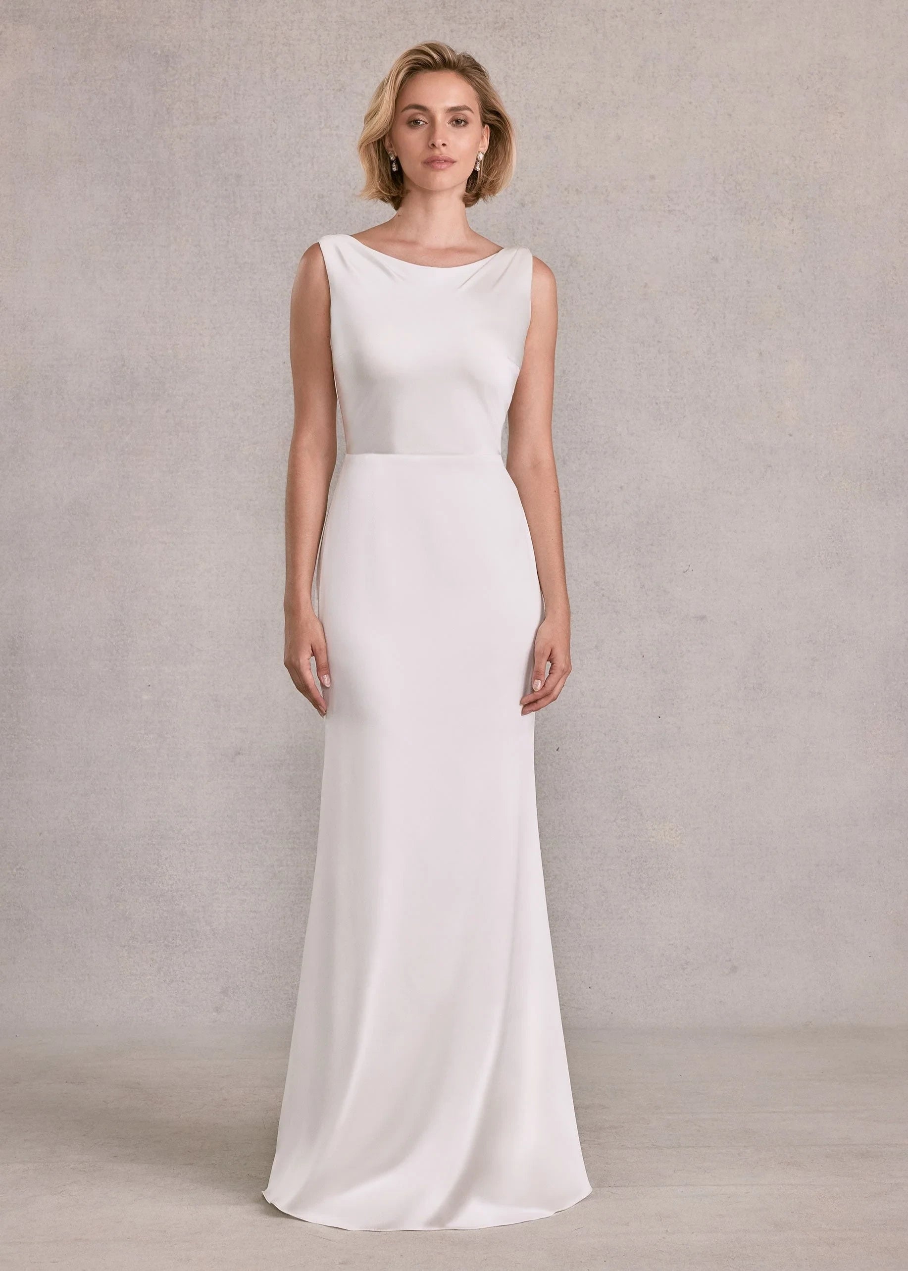 Simple Satin Sheath Boat Neck Sleeveless Cowl Back Floor-Length Button Detail Wedding Dresses