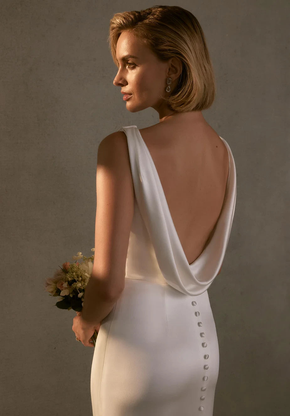 Simple Satin Sheath Boat Neck Sleeveless Cowl Back Floor-Length Button Detail Wedding Dresses