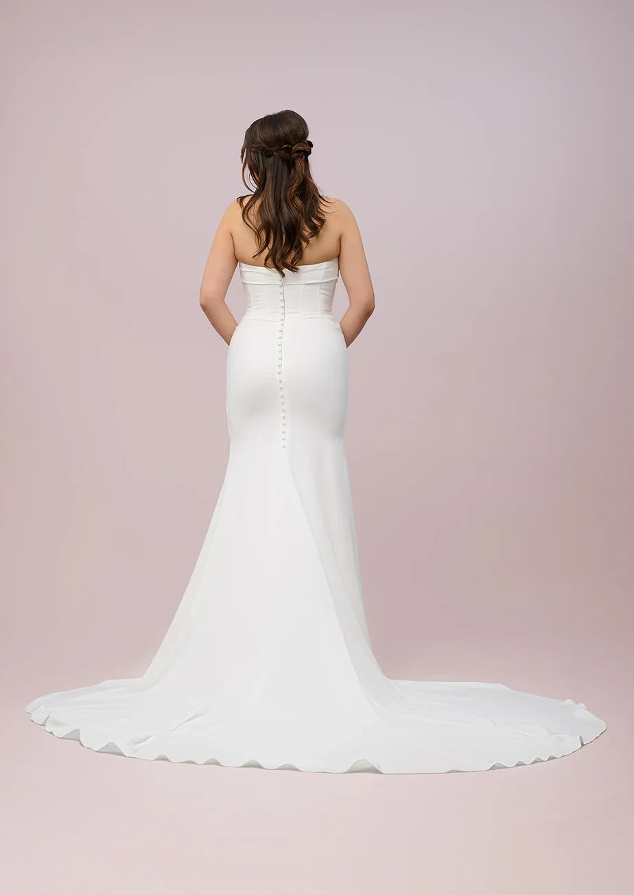 Simple Satin Sheath Sweetheart Strapless Button-Back Floor-Length Wedding Dresses with Chapel Train