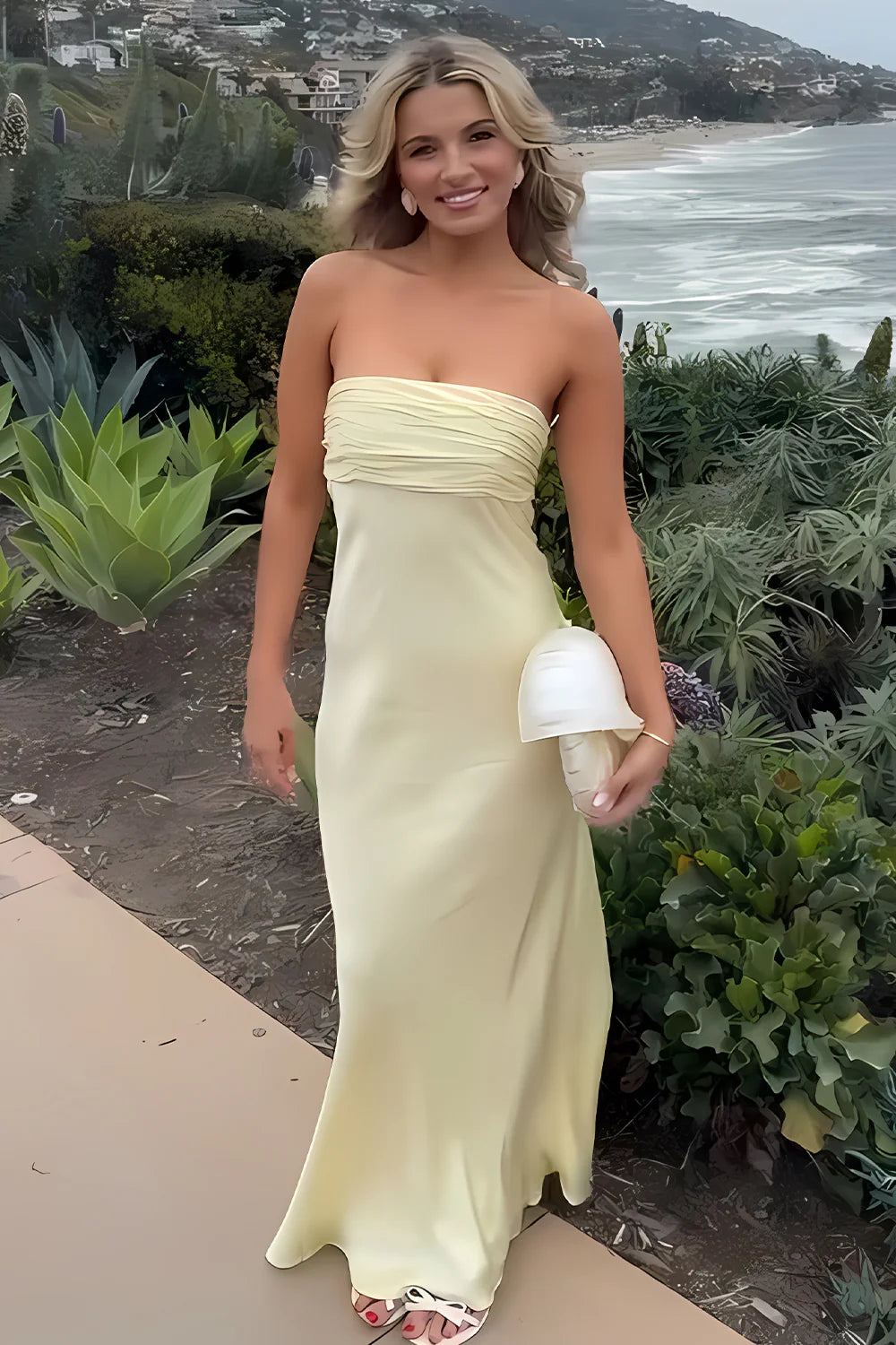 Simple Sheath Strapless Pink Long Prom Dress with Ruched